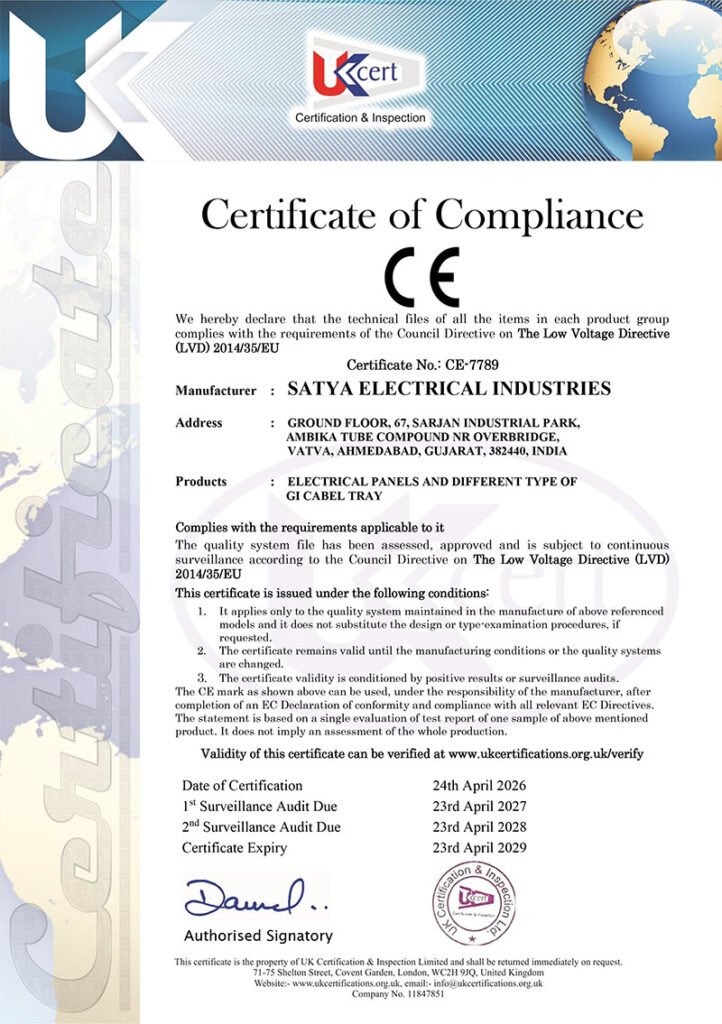 CE Certificate of Satya Electric - An Electrical Panel & Cable Tray Manufacturer in India