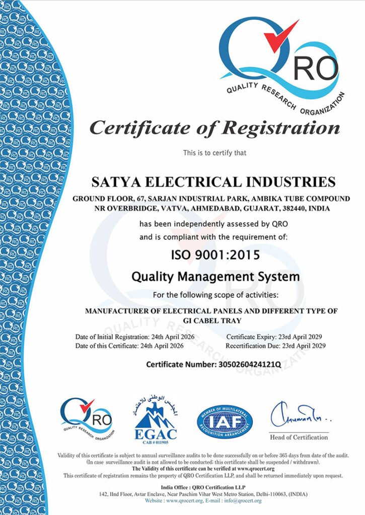 ISO 9001 Certificate of Satya Electric - An Electrical Panel Manufacturing Company Ahmedabad, Gujarat, India