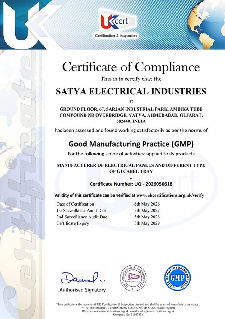 GMP Certificate of Satya Electric - An Electrical Panel & Cable Tray Manufacturer in India